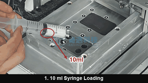 Loading 10 mL of ceramic slurry with a syringe to start printing on the ADT Ceram-DD50