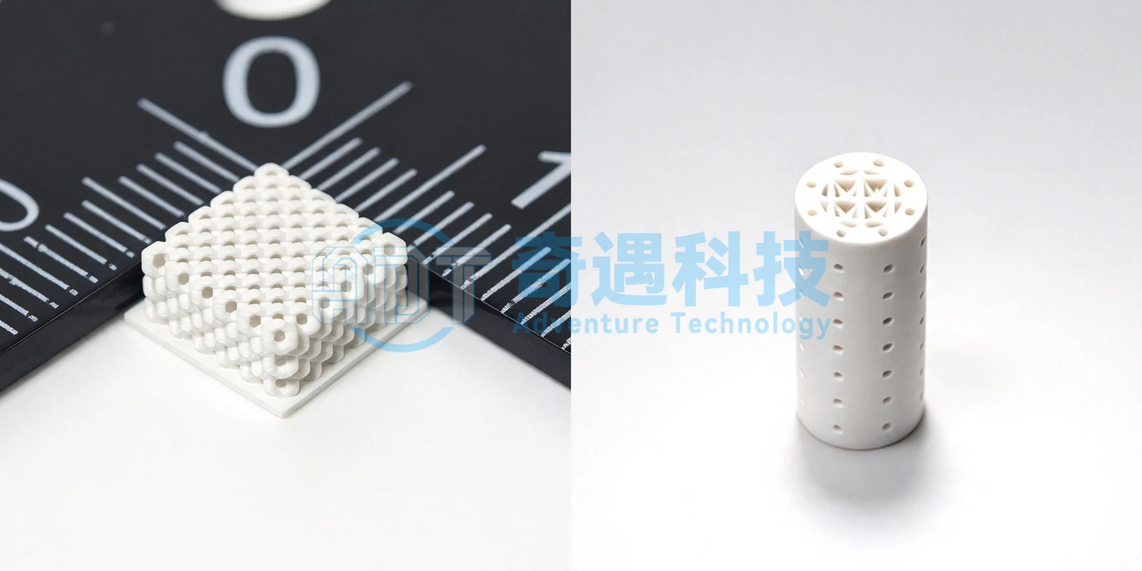 Zirconia sample (left) and hydroxyapatite sample (right) printed on the ADT Ceram-DD50