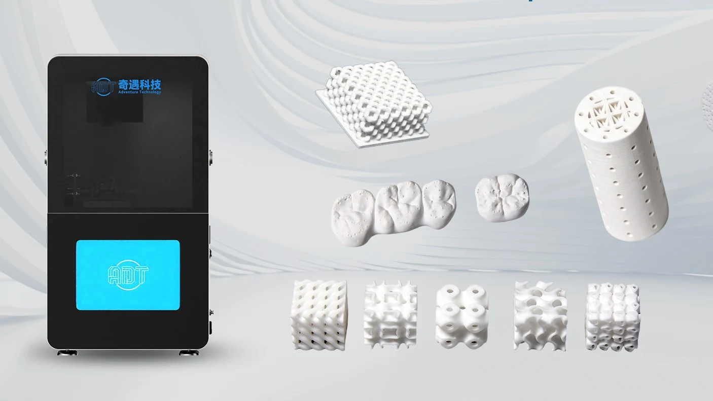ADT Ceram-DD50 mini ceramic 3D printer with a range of ceramic samples printed on it