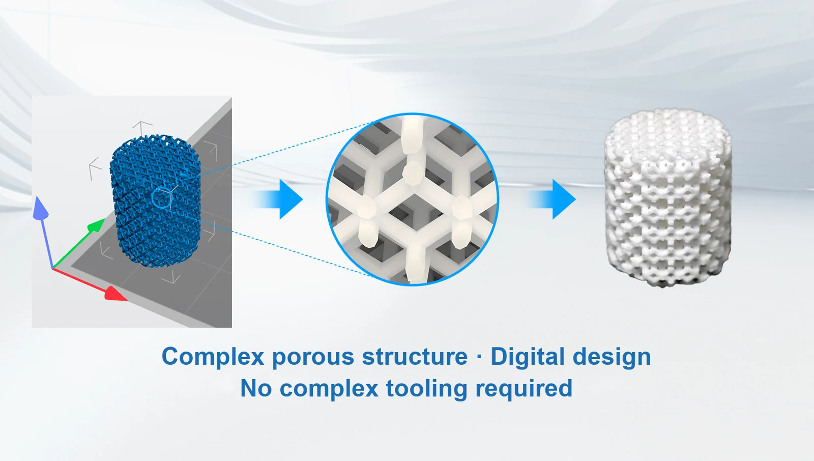 Digital model, lattice detail and printed complex porous bone graft sample