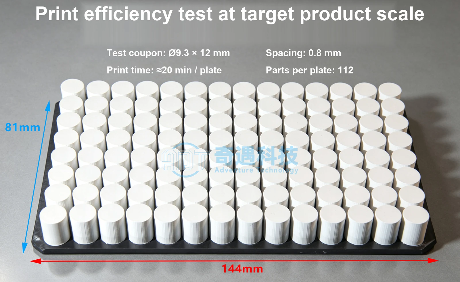 Build plate with 112 cylindrical test coupons printed at target product size