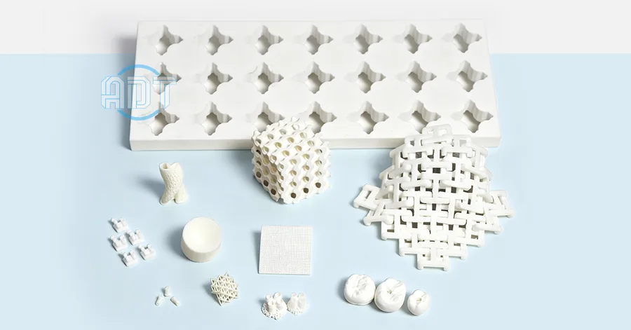 Zirconia ZrO2 printed parts: perforated plate, lattice cube and small dental units