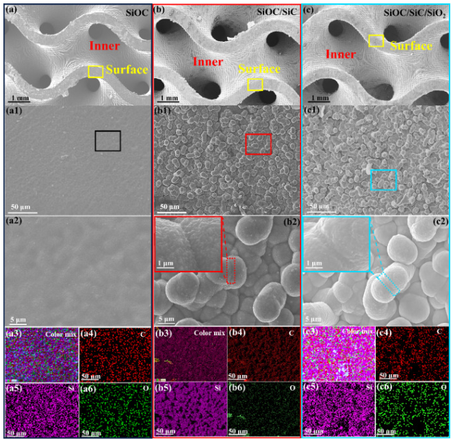 SEM image of microstructure evolution and phase composition in pyrolyzed SiOC ceramic for Gyroid structure 3D printing and complex ceramic structures