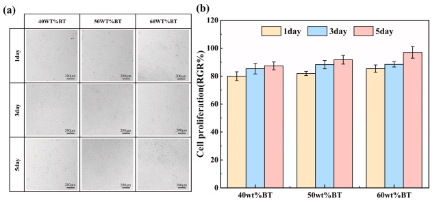 Optical microscopy images of cell morphology and quantitative relative growth rate (RGR) of MC3T3-E1 cells cultured on HA–BaTiO₃ scaffolds with different BaTiO₃ loadings (1–5 days).