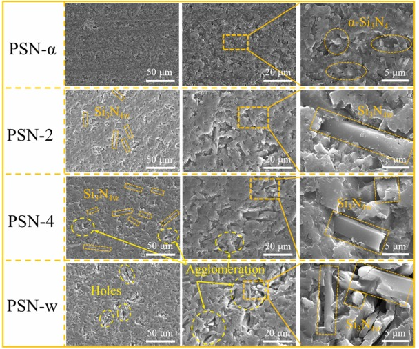 Surface morphology of α-Si₃N₄/Si₃N₄w/SiCN samples after etching.